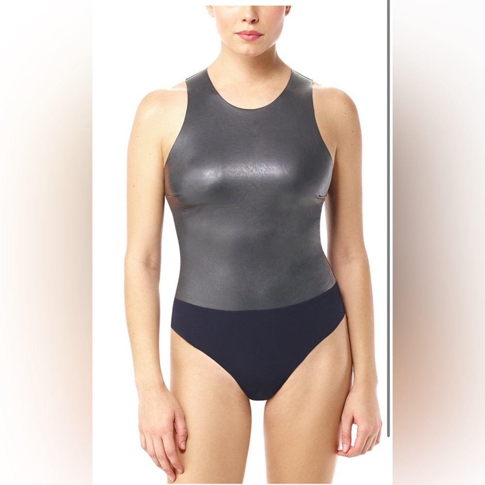 NWT Commando Gunmetal Faux Leather Crewneck Sleeveless Bodysuit- Size Large